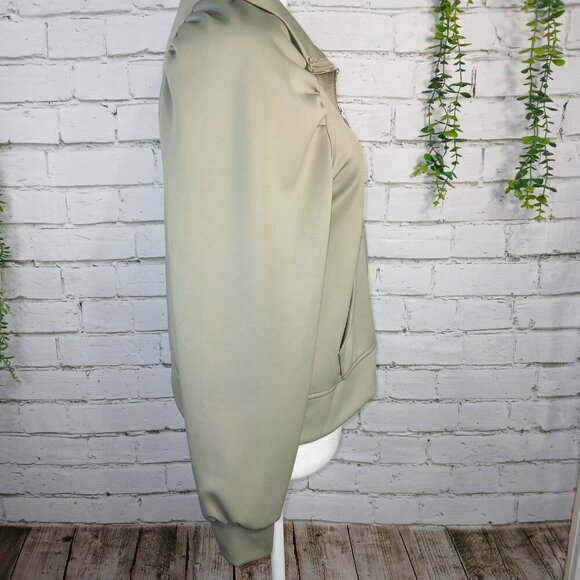 WOMENS DKNY OLIVE ZIP UP JACKET,  SHOULDERS ARE GATHERED, CUFFED SLEEVES SIZE S - Picture 8 of 10
